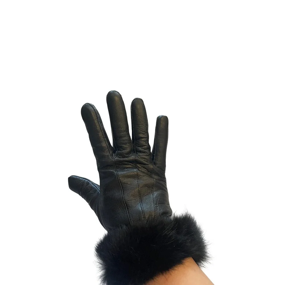 Black Leather Fur Trim Gloves Lined Winter Size S